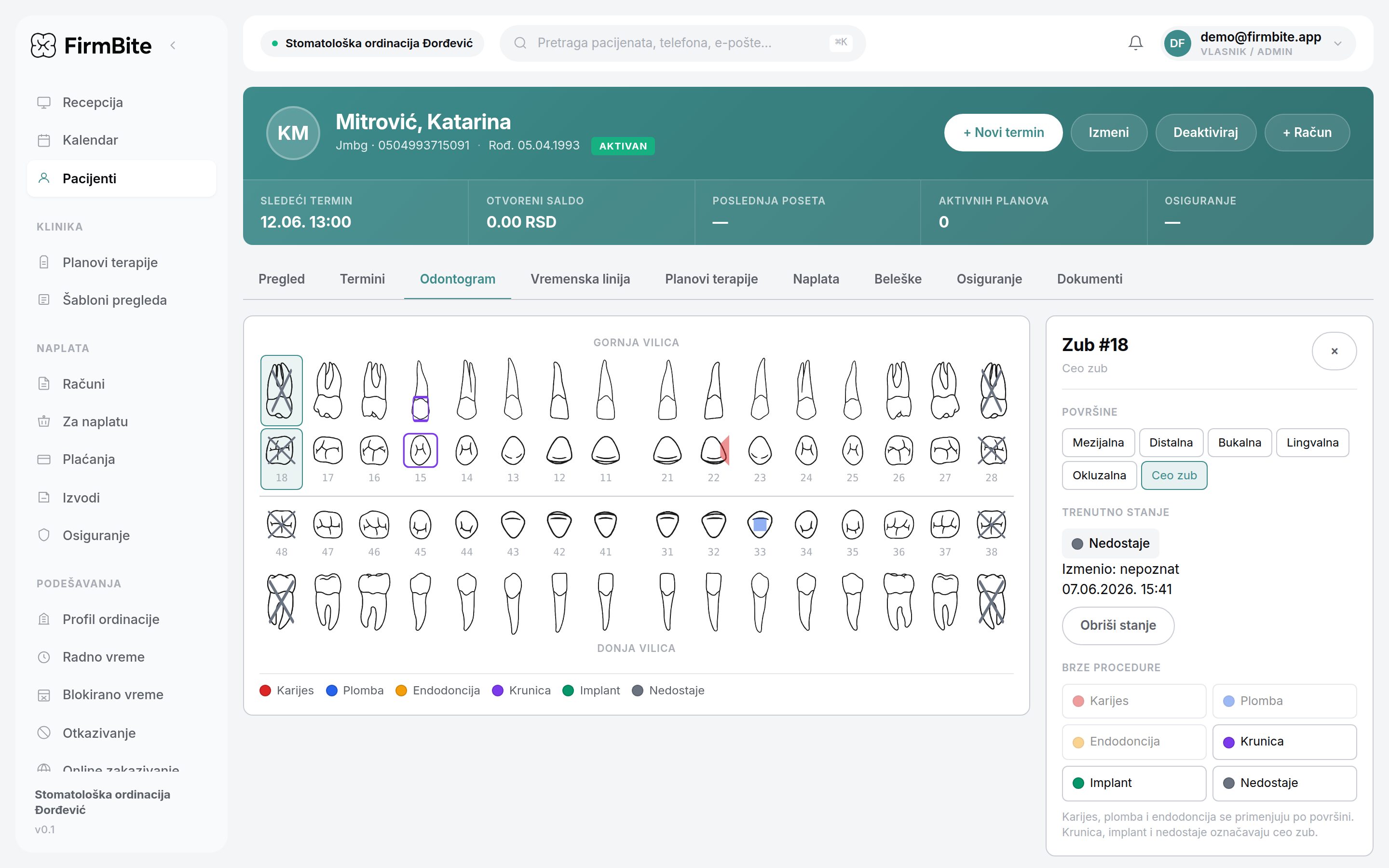 FirmBite odontogram - digitalni pregled zuba sa istorijom lečenja